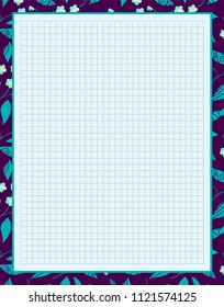 Vector printing paper note, optimal A4 size. Kawaii paper for notebook, diary, planners, letters, notes. Squared paper sheet, with tiny little forget-me-not flowers and leaves.