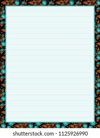 Vector printing paper note, optimal A4 size. Kawaii paper for notebook, diary, planners, letters, notes. Cute illustration with flat style ornament, flowers and leaves. Abstract design, lined version