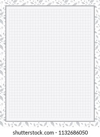 Vector printing paper note, optimal A4 size. Kawaii paper for notebook, diary, planners, letters, notes. Squared paper sheet, with tiny little forget-me-not flowers and leaves.