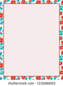 Vector printing paper note, optimal A4 size. Kawaii paper for notebook, diary, planners, letters, notes. Squared paper sheet, with abstract flowers, leaves and berries. Trendy punch pastel colors