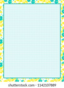 Vector printing paper note, optimal A4 size. Kawaii paper for notebook, diary, planners, letters, notes. Squared paper sheet, with abstract flowers, leaves and berries. Trendy punch pastel colors