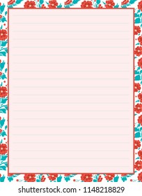 Vector printing paper note, optimal A4 size. Kawaii paper for notebook, diary, planners, letters, notes. Cute illustration with simple flowers, leaves and briar berries. Abstract design, lined version
