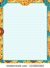 Vector printing paper note, optimal A4 size. paper for notebook, diary, planners, letters, notes. Abstract design, lined version. Cute cookies, biscuits with chocolate chip, perfect for kitchen