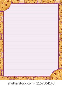 Vector printing paper note, optimal A4 size. Kawaii paper for notebook, diary, planners, letters, notes. Abstract design, lined version. Cute cookies, biscuits with chocolate chip and sugar icing