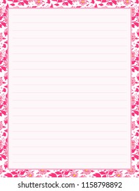 Vector printing paper note, optimal A4 size. Kawaii paper for notebook, diary, planners, letters, notes. Cute illustration with simple flowers, leaves and briar berries. Abstract design, lined version