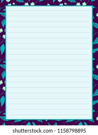 Vector printing paper note, optimal A4 size. Kawaii paper for notebook, diary, planners, letters, notes. Background with tiny little forget-me-not flowers and leaves. Abstract design, lined version