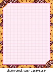 Vector printing paper note, optimal A4 size. Kawaii paper for notebook, diary, planners, letters, notes. Squared paper sheet, with cute cookies, biscuits with chocolate chip, perfect for kitchen menu