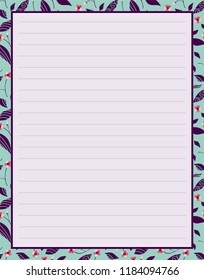Vector printing paper note, optimal A4 size. Kawaii paper for notebook, diary, planners, letters, notes. Background with tiny little forget-me-not flowers and leaves. Abstract design, lined version