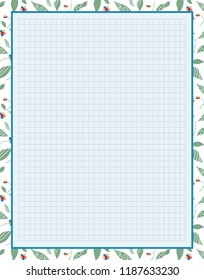 Vector printing paper note, optimal A4 size. Kawaii paper for notebook, diary, planners, letters, notes. Squared paper sheet, with tiny forget-me-not flowers and leaves. Trendy punch pastel colors