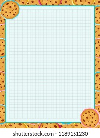 Vector printing paper note, optimal A4 size. Kawaii paper for notebook, diary, planners, letters, notes. Squared paper sheet, with cute cookies, biscuits with chocolate chip and sugar icing
