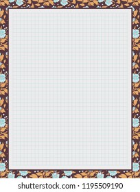 Vector printing paper note, optimal A4 size. Kawaii paper for notebook, diary, planners, letters, notes. Squared paper sheet, with abstract flowers, leaves and berries. Classic soft color palette