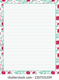 Vector printing paper note, optimal A4 size. Kawaii paper for notebook, diary, planners, letters, notes. Cute illustration with simple flowers, leaves and briar berries. Abstract design, lined version