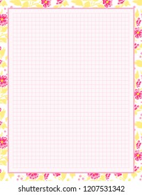 Vector printing paper note, optimal A4 size. Kawaii paper for notebook, diary, planners, letters, notes. Squared paper sheet, with abstract flowers, leaves and berries. Trendy punch pastel colors