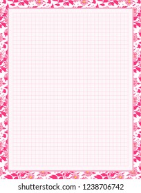 Vector printing paper note, optimal A4 size. Kawaii paper for notebook, diary, planners, letters, notes. Squared paper sheet, with abstract flowers, leaves and berries. Trendy punch pastel colors