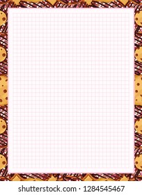 Vector printing paper note, optimal A4 size. Kawaii paper for notebook, diary, planners, letters, notes. Squared paper sheet, with cute cookies, biscuits with chocolate chip, perfect for kitchen menu