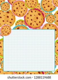 Vector printing paper note, optimal A4 size. Kawaii paper for notebook, diary, planners, letters, notes. Squared paper sheet, with cute cookies, biscuits with chocolate chip and sugar icing