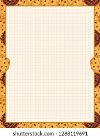 Vector printing paper note, optimal A4 size. Kawaii paper for notebook, diary, planners, letters, notes. Squared paper sheet, with cute cookies, biscuits with chocolate chip, perfect for kitchen menu