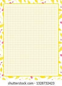 Vector printing paper note, optimal A4 size. Kawaii paper for notebook, diary, planners, letters, notes. Squared paper sheet, with tiny forget-me-not flowers and leaves. Trendy punch pastel colors