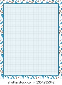 Vector printing paper note, optimal A4 size. Kawaii paper for notebook, diary, planners, letters, notes. Squared paper sheet, with tiny forget-me-not flowers and leaves. Trendy punch pastel colors