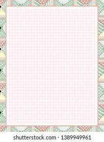Vector printing paper note, optimal A4 size. Kawaii paper blank for notebook, handwriting letters, diary, planners, notes. Abstract illustration in patchwork, quilting, textile style. Squared version 