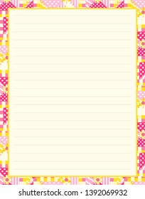 Vector printing paper note, optimal A4 size. Kawaii paper blank for notebook, handwriting letters, diary, planners, notes. Abstract illustration in patchwork, quilting, textile style. Lined version