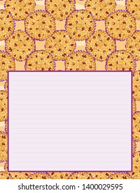 Vector printing paper note, optimal A4 size. Kawaii paper for notebook, diary, planners, letters, notes. Abstract design, lined version. Cute cookies, biscuits with chocolate chip and sugar icing