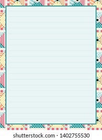 Vector printing paper note, optimal A4 size. Kawaii paper blank for notebook, handwriting letters, diary, planners, notes. Abstract illustration in patchwork, quilting, textile style. Lined version