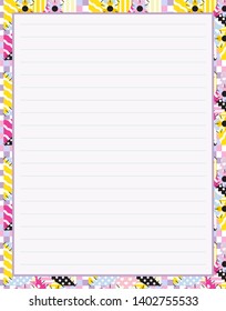 Vector printing paper note, optimal A4 size. Kawaii paper blank for notebook, handwriting letters, diary, planners, notes. Abstract illustration in patchwork, quilting, textile style. Lined version