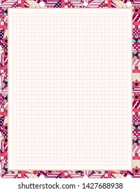 Vector printing paper note, optimal A4 size. Kawaii paper blank for notebook, handwriting letters, diary, planners, notes. Abstract illustration in patchwork, quilting, textile style. Squared version 