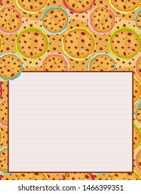 Vector printing paper note, optimal A4 size. Kawaii paper for notebook, diary, planners, letters, notes. Abstract design, lined version. Cute cookies, biscuits with chocolate chip and sugar icing