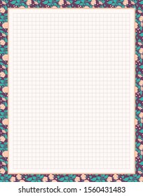 Vector printing paper note, optimal A4 size. Kawaii paper for notebook, diary, planners, letters, notes. Squared paper sheet, with abstract flowers, leaves and berries. Classic soft color palette