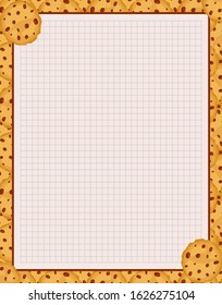 Vector printing paper note, optimal A4 size. Kawaii paper for notebook, diary, planners, letters, notes. Squared paper sheet, with cute cookies, biscuits with chocolate chip, perfect for kitchen menu
