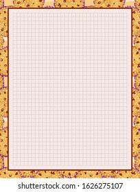 Vector printing paper note, optimal A4 size. Kawaii paper for notebook, diary, planners, letters, notes. Squared paper sheet, with cute cookies, biscuits with chocolate chip and sugar icing