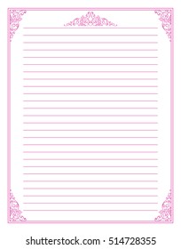 Vector printing paper note. Paper page for notebook, diary, letters, notes, school notes, workbook. Ornate illustration in vintage style. Grapes and leaves hand drawing elements. A4 size, pink line 