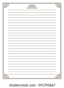 Vector printing paper note. Paper page for notebook, diary, letters, notes, school notes, workbook. Ornate illustration in vintage style. Wave hand drawing elements. A4 size, sepia color 