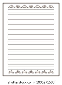Vector printing paper note. Vintage paper page for notebook, diary, letters, notes, school notes, workbook. Cute romantic frame, lined sheet. A4 size