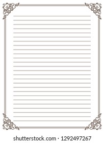 Vector printing paper note. Vintage paper page for notebook, diary, letters, notes, school notes, workbook. Cute romantic corners, lined sheet. A4 size