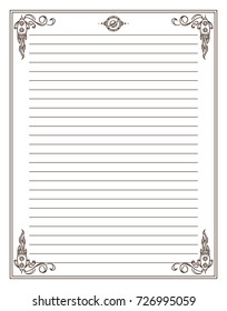 Vector printing paper note. Vintage paper page for notebook, diary, letters, notes, school notes, workbook. Ornate illustration with wave abstract space corners. A4 size