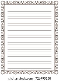 Vector printing paper note. Vintage paper page for notebook, diary, letters, notes, workbook. Ornate illustration with wave abstract space symbols frames. A4 size, different elements in each art 