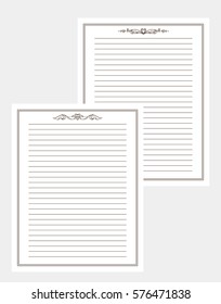 Vector printing paper notes. Paper pages for notebook, diary, letters, notes, school notes, workbook. Ornate illustration in vintage style. Wave hand drawing elements. A4 size, sepia color
