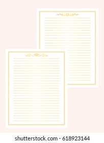 Vector printing paper notes. Paper pages for notebook, diary, letters, notes, school notes, workbook. Ornate illustration in vintage style. Wave hand drawing elements. A4 size, gold color, set 1
