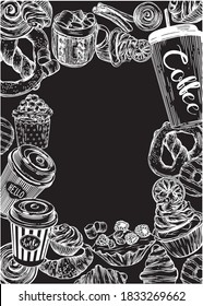 Vector prints of coffee and pastries. Patterns for coffee shops and pastry shops. Coffee, pastries, muffins, croissants, doughnuts. Black and white illustration of food and drinks line. Postcards.