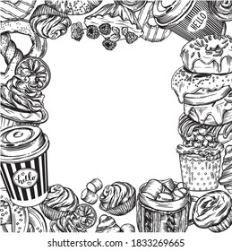 Vector prints of coffee and pastries. Patterns for coffee shops and pastry shops. Coffee, pastries, muffins, croissants, doughnuts. Black and white illustration of food and drinks line. Postcards.