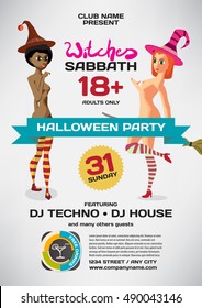 Vector private helloween party invitation disco style. Girls in the witch costume on the striptease show. Template posters or flyers