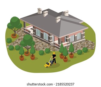 Vector Private House With A Worker Mowing The Green Lawn. Isometric, Aerial View