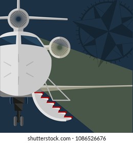 Vector private jet. open gangway, red carpet. Rose of Wind. Flat design. retro style poster