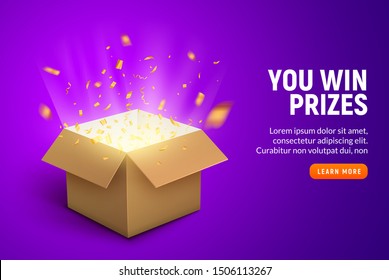 Vector prize gift box confetti explosion background. Open box winner reward.