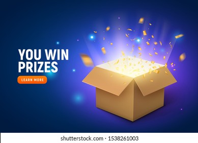 Vector prize gift box confetti explosion background. Open box winner reward.