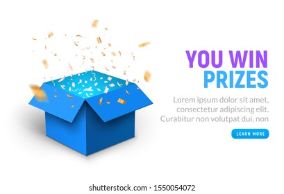 Vector prize gift box confetti explosion background. Open box winner reward.