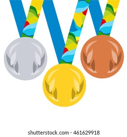 Vector prize medals for winners: gold, silver, bronze medal. Set of medals with ribbon for first, second, third place in sport competition. Rio vector 2016 Brazil Summer 2016 Games Rio de Janeiro.